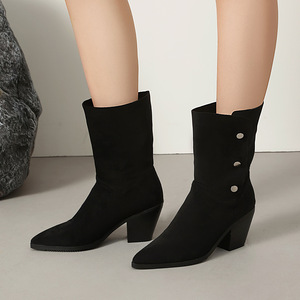 Low <b>Block</b> Heel Cowboy Shoes Light Khaki Suede Mid Calf Western Boots Convertible Shaft For Boutique Shopping And Afternoon - Product Image 2