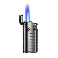 Encendedor de Cigarros de Triple Chorro Recto, Diseño Moderno en Metal, Resistente al Viento, Recargable con Gas Visible, Venta al Por Mayor Directa de Fábrica