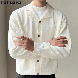 Cárdigan Personalizado con Cuello Polo para Hombre, Color Crema, Mohair Afelpado, Solapa con Muescas, Corte Holgado, Estilo Urbano, Fabricantes de Suéteres para Hombre al por Mayor - Product Image 2