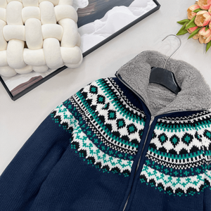 Suéter con Cierre y Forro Polar para Mujer, Estilo Fair Isle, Cuello Alto, Abrigo de Punto Cálido para Invierno - Product Image 3