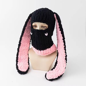 Bonnet cagoule tricoté femmes filles oreilles de lapin bicolores crochet tricot masque de ski chapeau doux pêcheur bonnets chapeaux d'hiver - Product Image 4