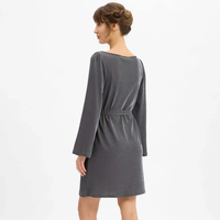 Robe Courte Décontractée pour Femme, Col Bateau, Manches Longues Évasées, Grise Unie Scintillante avec Ceinture à Nouer, Vente en Gros Personnalisée