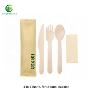 4-इन-1 सामग्री कांटा, चम्मच, चाकू, नैपकिन पर्यावरण के अनुकूल पैकिंग सेट लोगो के साथ पोर्टेबल लकड़ी कटलरी सेट
