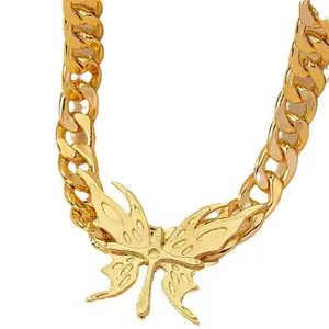 Hiphop Metal Big Butterfly Pendant Necklace Men Women Snake Chain Chokers Necklace Party Jewelry