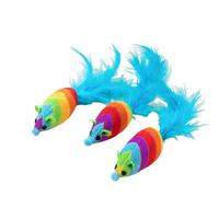 Nouvelle souris en peluche colorée de simulation avec longue queue à plumes bleues, jouet interactif pour chat