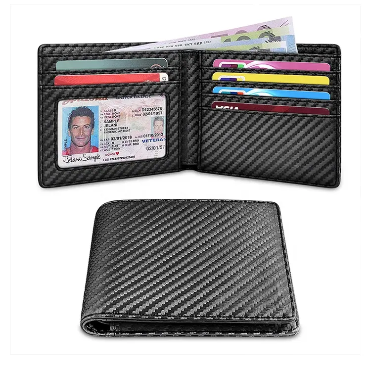 Custom Bifold Black Carbon Fiber RFID Blocking Leather Slim Minimalist Wallet for Men