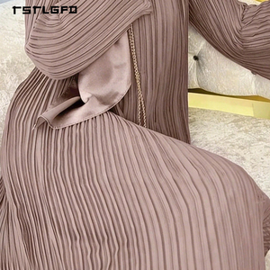 Women Dusty Mauve Pleated Stretch Abaya Multi Layer <b>Bell</b> Sleeve Round Neck Modest Muslim Elegant Casual Evening Maxi Dress - Product Image 4