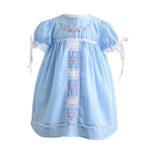 Maxi abito ricamato a mano per bambini a tinta unita in pizzo a manica corta bellissimi fiori per bambine ispirato allo stile spagnolo - Product Image 1