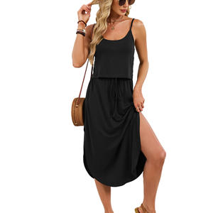 2026 New Female Spring Summer Pure Color U-neck Spaghetti Strap Elastic Waist Breathable Daily <b>Camisole</b> Dress Drawstring Slit - Product Image 1