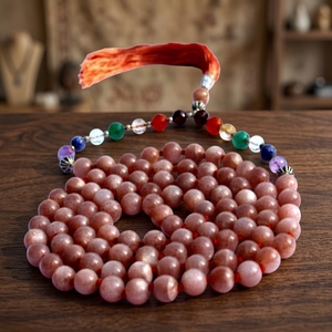 Collier de perles Mala 108 en pierre de lune pêche naturelle, pierre précieuse 7 chakras, noué à la main pour la méditation et le yoga, cadeau de perles de prière pour homme - Product Image 1