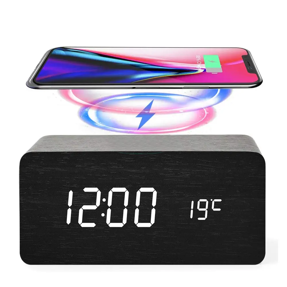 Promotional Wooden Clock Digital Led Wooden Clock Decorative Qi Wireless Wood Digital Led Desk Alarm Clock