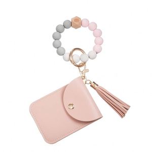 2025 New Plain Silicone Beads Bracelet Pu Card Holder With Women's Wallet <b>Leather</b> Tassel <b>Key</b> <b>Chain</b> - Product Image 4
