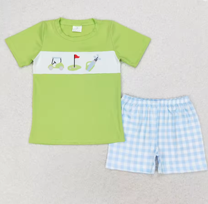 Ensemble assorti frères et sœurs : Robe à volants pour filles et short pour garçons, motif gingham bleu clair, broderie golf smockée - Product Image 3