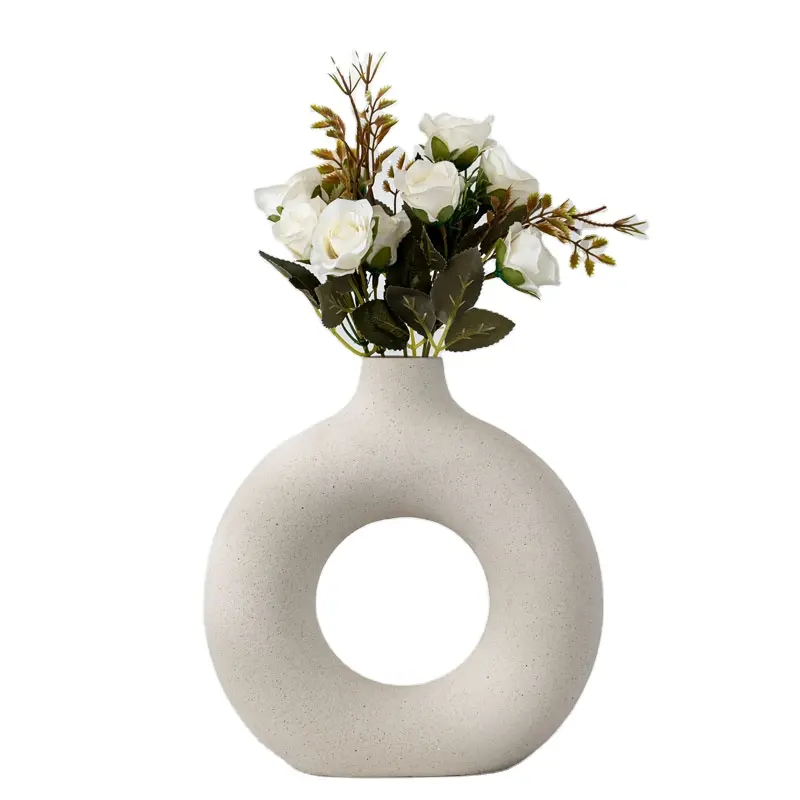 Large Chinese Ceramic Vases Home Ornament Handmade Raw Stoneware Circle Ceramic Art Vase 9.25" Tall Dried Flower Vase