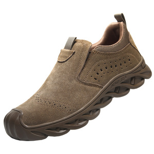 Zapatos de seguridad de verano de caña baja para soldadores, transpirables, de piel de vacuno, con puntera de acero, antichoque, antiescaldaduras, antichispas, sin cordones - Product Image 5