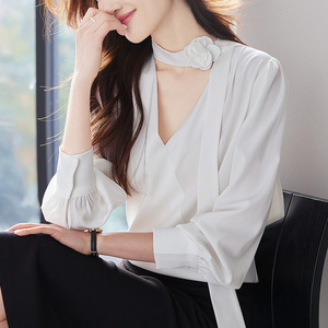 White V-neck Long Sleeve Shirt With Wrap Tie Satin Blouse For Commuting Women Spring Summer Elegant Style Q9970 - Product Image 3