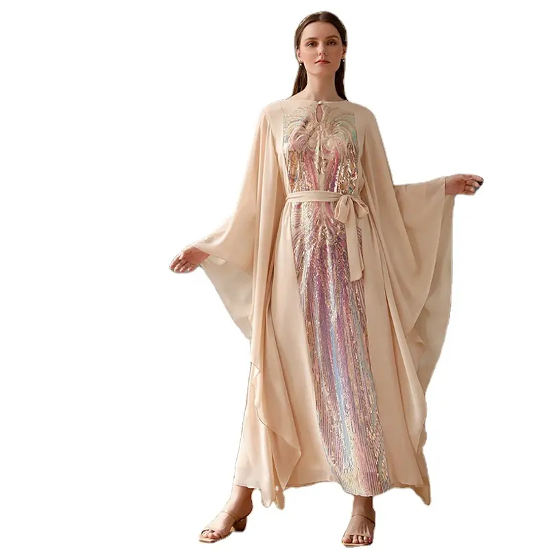2022 son bej renkli kelebek kollu orta doğu İslam moda abaya kadın elbise elbise