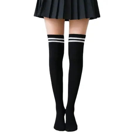 Classical Girl Black White Stripes Over Knee High Preppy Socks Custom Women Happy Crew Long Socks