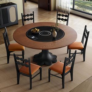 Round Solid Wood <b>Dining</b> <b>Table</b> With Induction Cooker And Turntable For <b>Dining</b> Room - Product Image 2