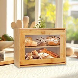กล่องขนมปังไม้ไผ่สองชั้นพร้อมหน้าต่างโปร่งใสสำหรับจัดเก็บอาหารในครัว - Product Image 3