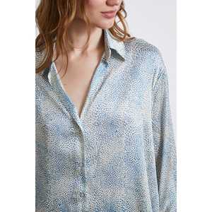 Camisa de Satén con Estampado y Cuello en V para Mujer, Azul, Casual, para Uso Diario, Transparente - Product Image 4