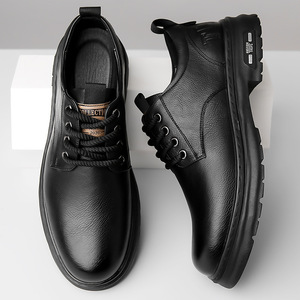 Chaussures décontractées en cuir pour hommes, bout rond, à lacets, semelle extérieure en caoutchouc amortie, couleur unie - Product Image 4