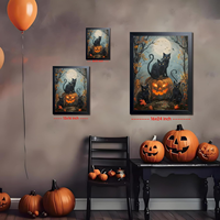 Art mural chats noirs et lune citronnelle, toile imprimée sur châssis, décoration intérieure, ambiance Halloween douillet et forêt automnale