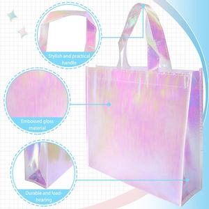 Tas hadiah Natal dapat dipakai ulang merah muda Laser berkilau warna-warni Tote belanja tanpa anyaman holografik ukuran besar kustom dengan Logo - Product Image 4