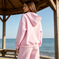 Ensemble de survêtement décontracté personnalisé en molleton de coton rose brodé avec sweat à capuche à double fermeture éclair et pantalon de survêtement pour femme
