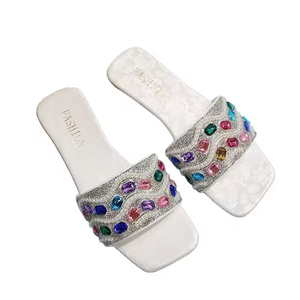 Women's 2026 Summer New <b>Style</b> Cross-Border Plus Size Colorful Diamond Flat Sandals Slippers Sweet Square <b>Head</b> Slippers Strap - Product Image 5