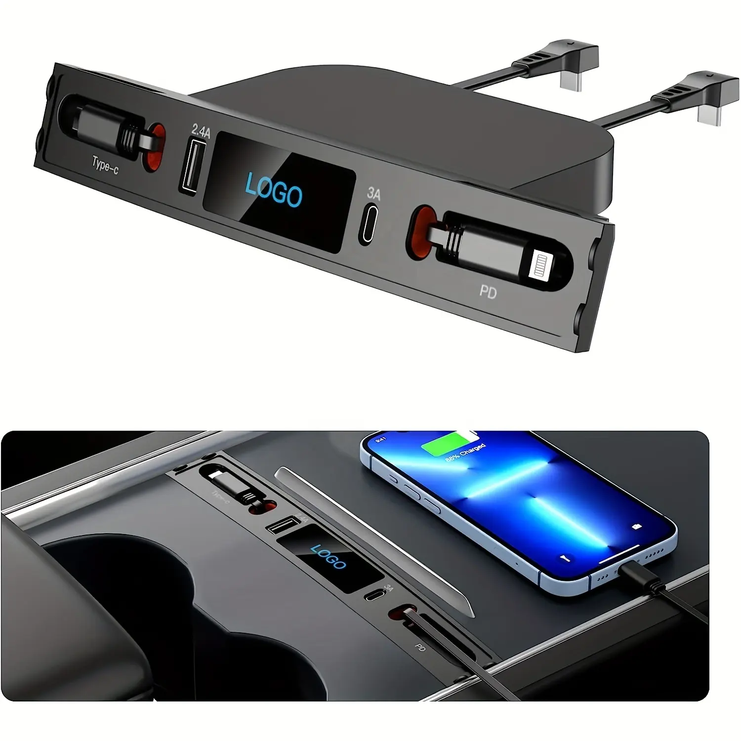 Caricabatterie USB per auto Multi porta per modello Tesla 3/Y accessori Tesla con Logo e cavo retrattile Console centrale Hub USB Tesla