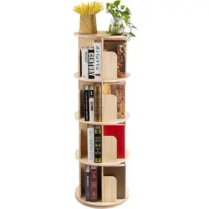 4-Tier Wood Bookshelf Floor Standing Bookcase Rotation Book Storage Cabinet Home Decoration For bedroom livingroom
