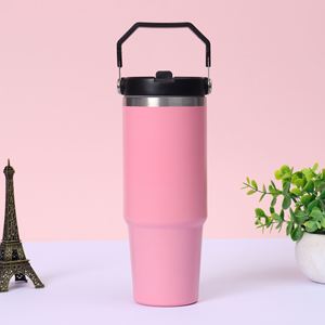 Gobelet de voyage isotherme à double paroi avec poignée, 20oz 30oz, avec couvercle et paille, base antidérapante, pour le bureau et les trajets quotidiens - Product Image 4