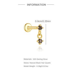 Boucles d'oreilles pendantes en argent S925 plaqué or 1,2x6mm avec pampille filetée et quartz rutilé noir naturel à dos plat - Product Image 5