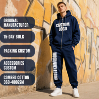Ensemble de survêtement urbain pour homme en molleton de coton marine personnalisé 400 GSM, coupe oversize, fermeture éclair intégrale, imprimé lettres audacieuses, poignets côtelés