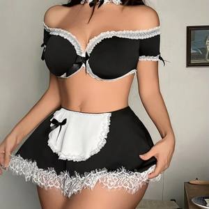 Ensemble de lingerie sexy de cosplay de femme de chambre française pour femme, avec soutien-gorge à épaules dénudées, mini-jupe et tablier à bordure en dentelle, tenue de nuit pour jeu de rôle - Product Image 3