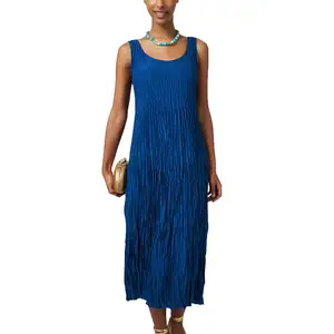 royal blue midi length tiered skirt crushed silk dress sleeveless wrinkled pleat formal casual career dresses modest