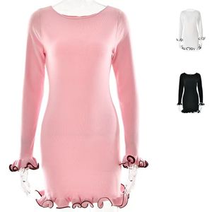 Robe décontractée sexy d'automne à blocs de couleur, manches longues, col en V, volants, taille naturelle, ourlet roulé, en maille et mousseline - Product Image 1