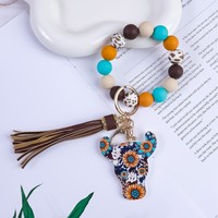 Perles en bois multicolores léopard avec pendentif tête de vache Highland, bracelet porte-clés