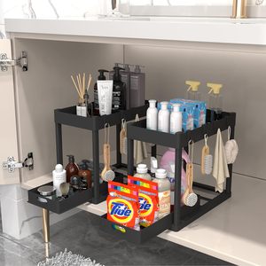 Sink Organizers and Storage, 2 Pack Pull Out Kitchen Bathroom Cabinet Organize,<strong>Under</strong> Counter Storage Organizer with Hooks - Product Image 5
