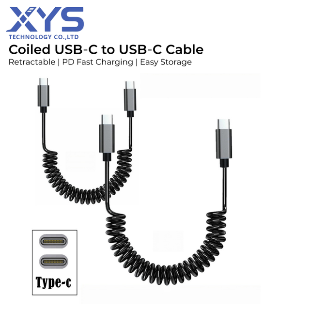 Custom USB C to USB C Coiled Fast Charging Cable 60W PD3.0 Retractable Car Charging Cable