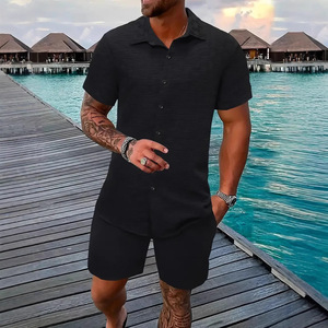 <span class=keywords><strong>Ensemble</strong></span> <span class=keywords><strong>chemise</strong></span> <span class=keywords><strong>et</strong></span> <span class=keywords><strong>short</strong></span> pour <span class=keywords><strong>homme</strong></span> de haute qualité, couleur unie noir <span class=keywords><strong>et</strong></span> blanc, manches courtes, texture à carreaux, style décontracté, pour la plage <span class=keywords><strong>et</strong></span> les activités de plein air - Product Image 2