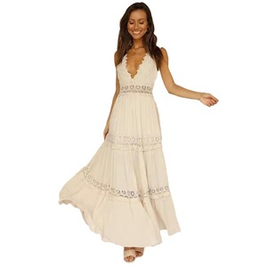Vestido midi blanco de encaje con cuello en V y espalda descubierta, corte imperio, para mujer, ideal para bodas y fiestas nupciales. - Product Image 5