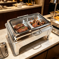 Chauffe-Plat Électrique Rectangulaire Simple FLEY en Acier Inoxydable, Réchaud de Buffet Professionnel avec Couvercle en Verre Visible pour Restaurant