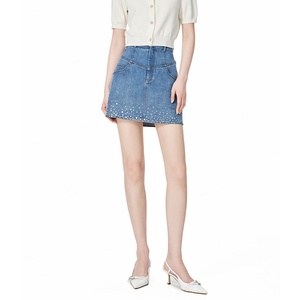 กระโปรงยีนส์สีฟ้าอ่อนแบบสั่งทำสำหรับผู้หญิง ผ้าฝ้าย 100% เอวสูง สไตล์วินเทจ ซักฟอกแล้ว กระโปรงสั้นสำหรับผู้หญิง - Product Image 1