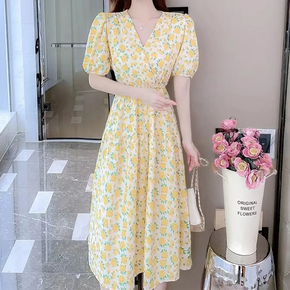 Nuevo diseño de moda Primavera Verano Casual burbuja manga señoras vestidos modestos Maxi Floral vestidos largos de mujer