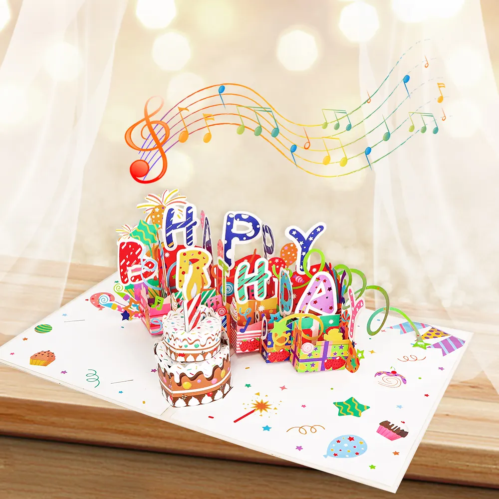 Winpsheng Creative Design Blowable Candle Musical 3d Pop Up Card carte de voeux joyeux anniversaire