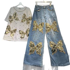 Toptan yaz 2025 yeni moda boncuklu T-Shirt kelebek Sequins geniş bacak kot kadın setleri - Product Image 5