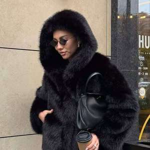 Manteau d'hiver épais en fausse fourrure de renard noir et blanc, style américain, pour <span class=keywords><strong>femme</strong></span>, <span class=keywords><strong>grande</strong></span> <span class=keywords><strong>taille</strong></span>, à manches longues, collection 2025 - Product Image 2