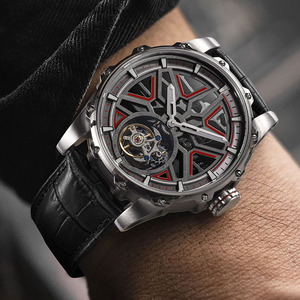 Montre sport automatique mécanique tourbillon PINDU pour homme, boîtier squelette en acier inoxydable, bracelet en cuir, cadran squeletté - Product Image 4